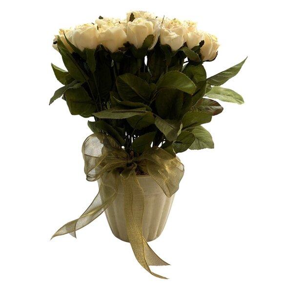 Elegant Faux Cream Rose Arrangement In Ceramic Pot - Picture 1 of 6